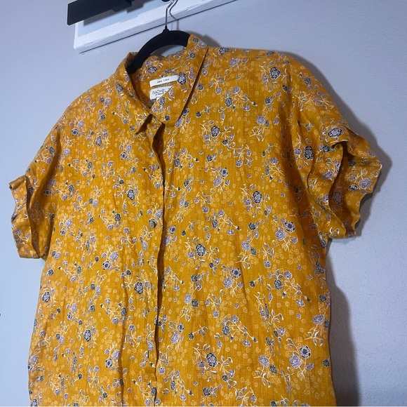 Rachel Zoe Button Up Blouse Short Sleeve Mustard Yellow Floral Linen Size Small - Picture 2 of 8